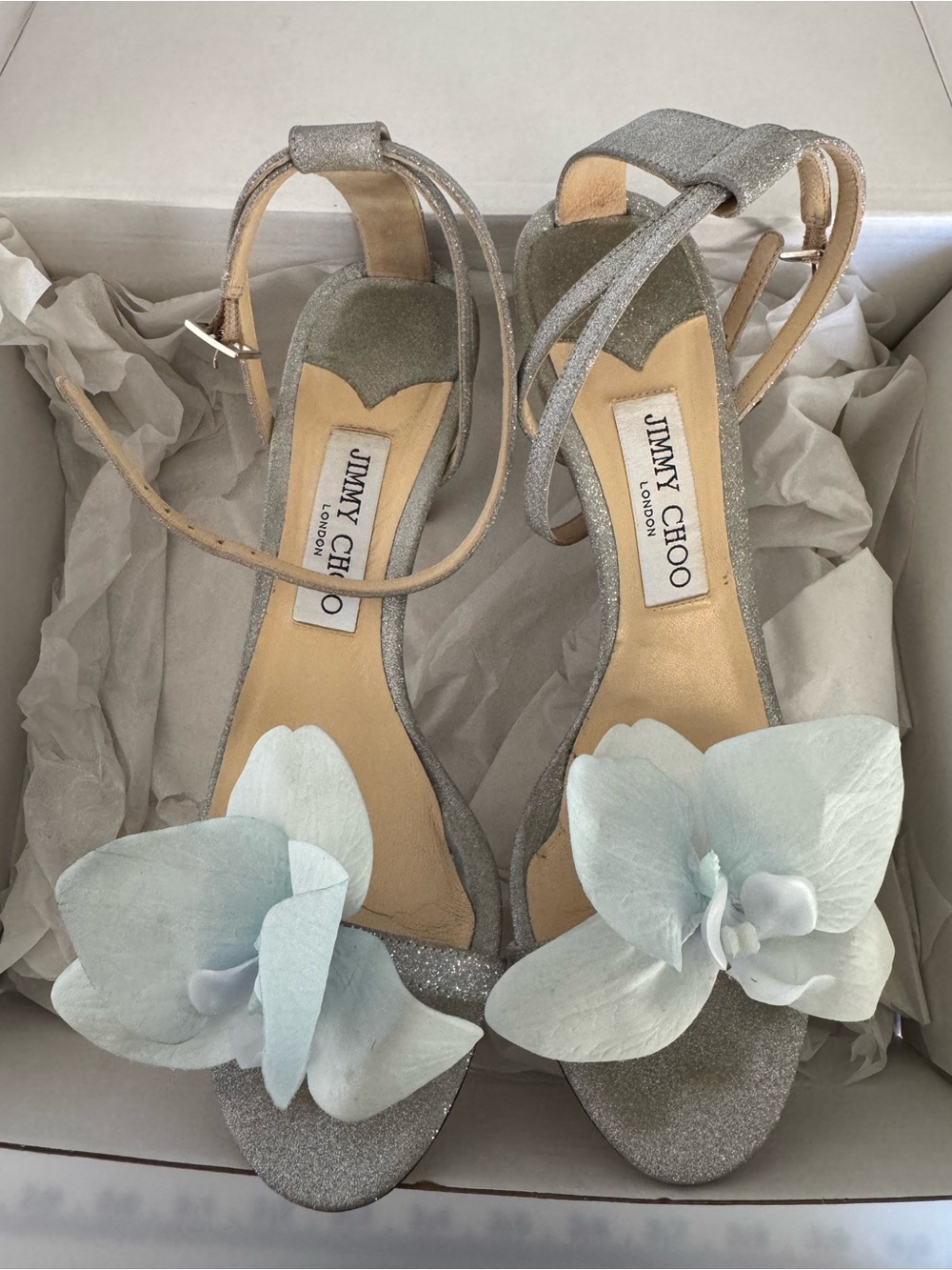 Jimmy Choo Silver Sandals with Pale Blue Floral Appliqués